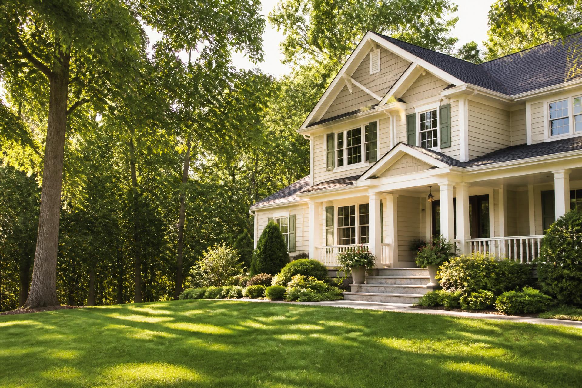A clean American home surrounded by trees and a cared-for lawn
